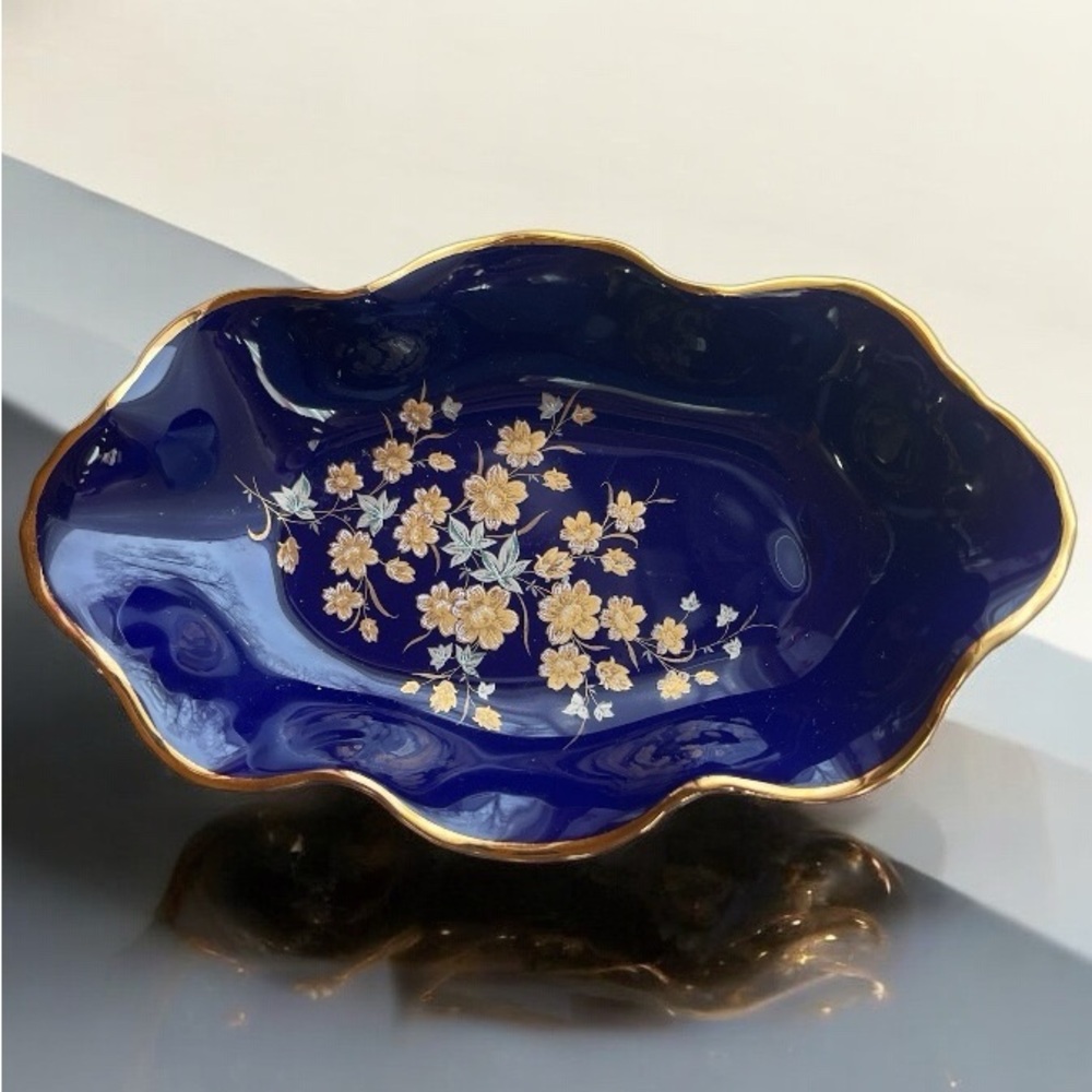 Limoges France Cobalt Blue Porcelain Bowl with Hand-Painted Gold Florals